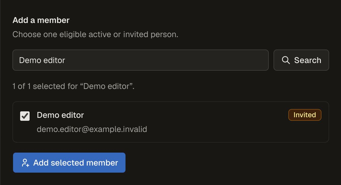 Add a member panel showing fictional Demo editor selected, an Invited label and an enabled Add selected member button.
