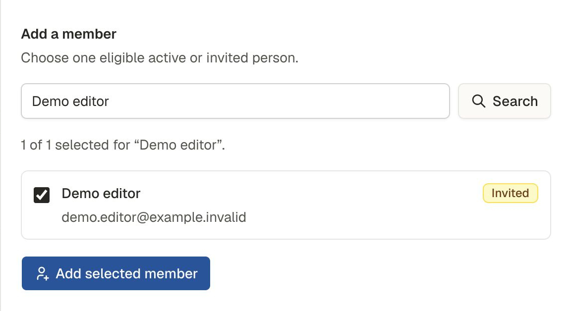 Add a member panel showing fictional Demo editor selected, an Invited label and an enabled Add selected member button.
