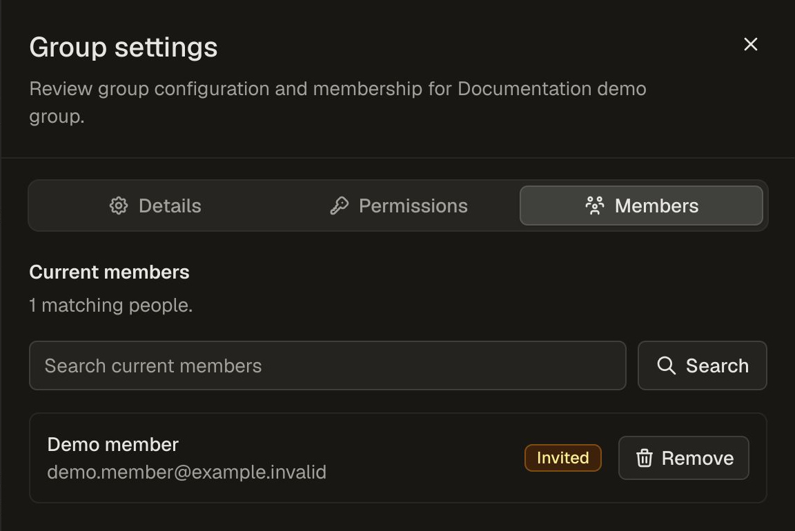 Group settings Members tab for Documentation demo group, showing fictional Demo member as Invited with a Remove button.