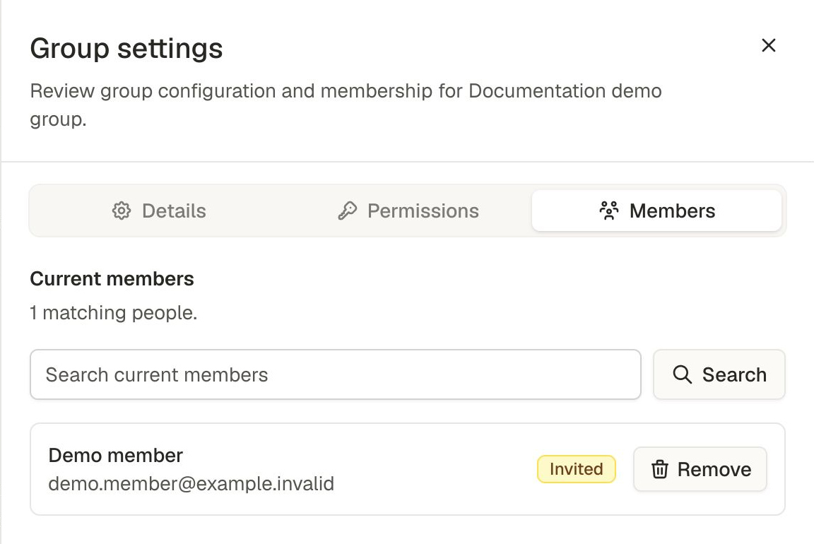 Group settings Members tab for Documentation demo group, showing fictional Demo member as Invited with a Remove button.