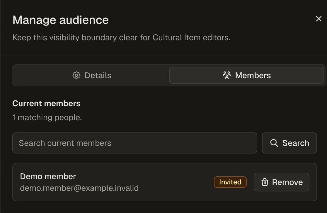 Audience Members tab showing fictional Demo member as Invited, with a Remove button.
