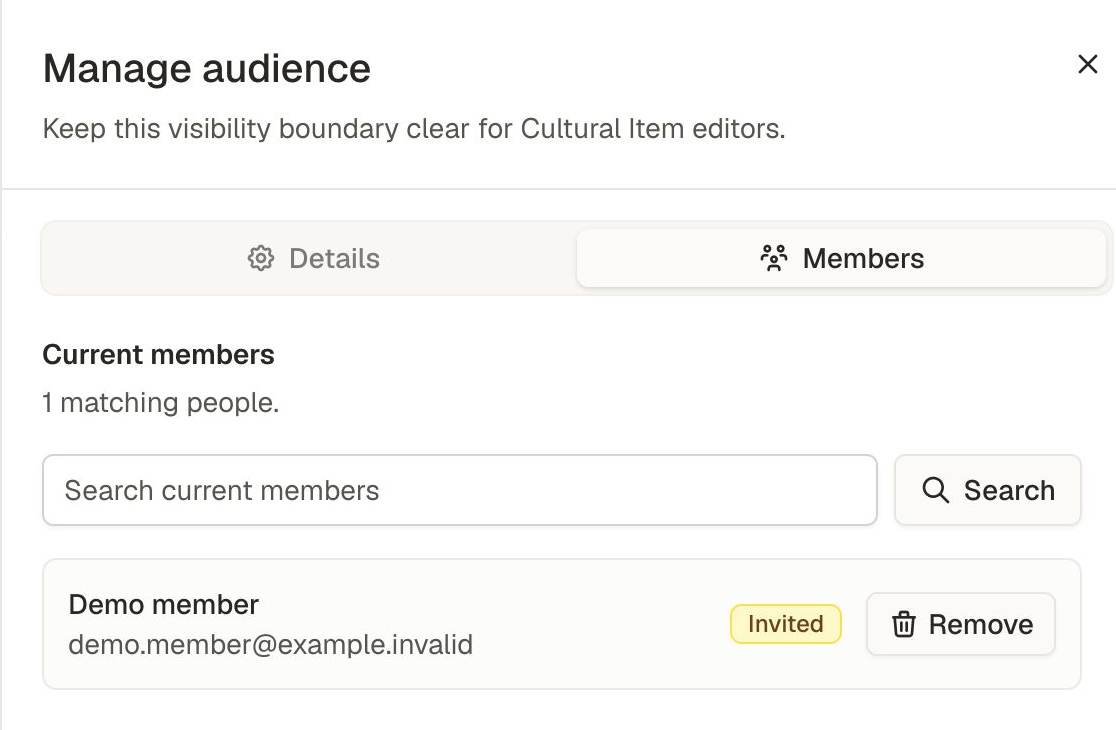 Audience Members tab showing fictional Demo member as Invited, with a Remove button.