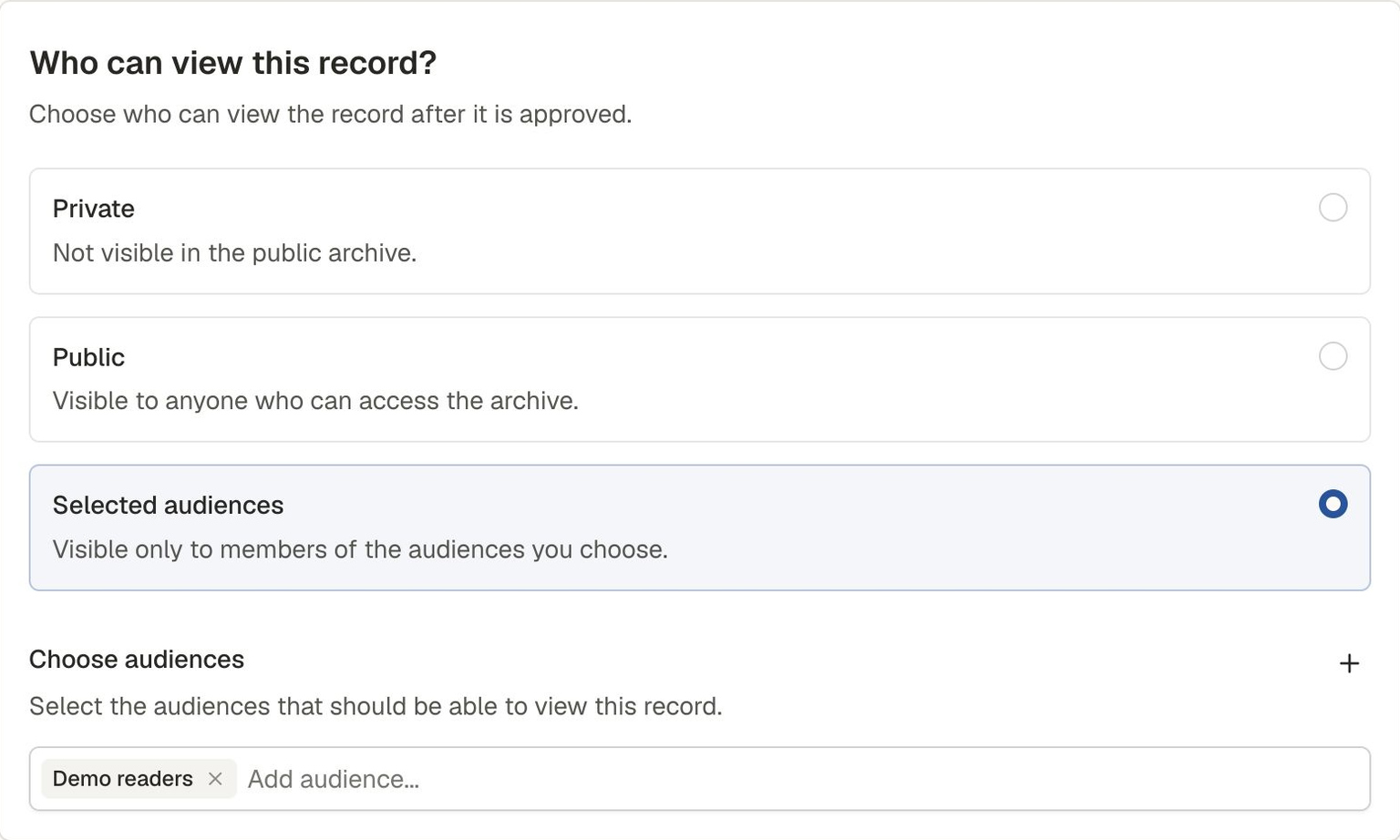 Record visibility panel showing Private, Public and Selected audiences, with Selected audiences chosen and Demo readers selected.