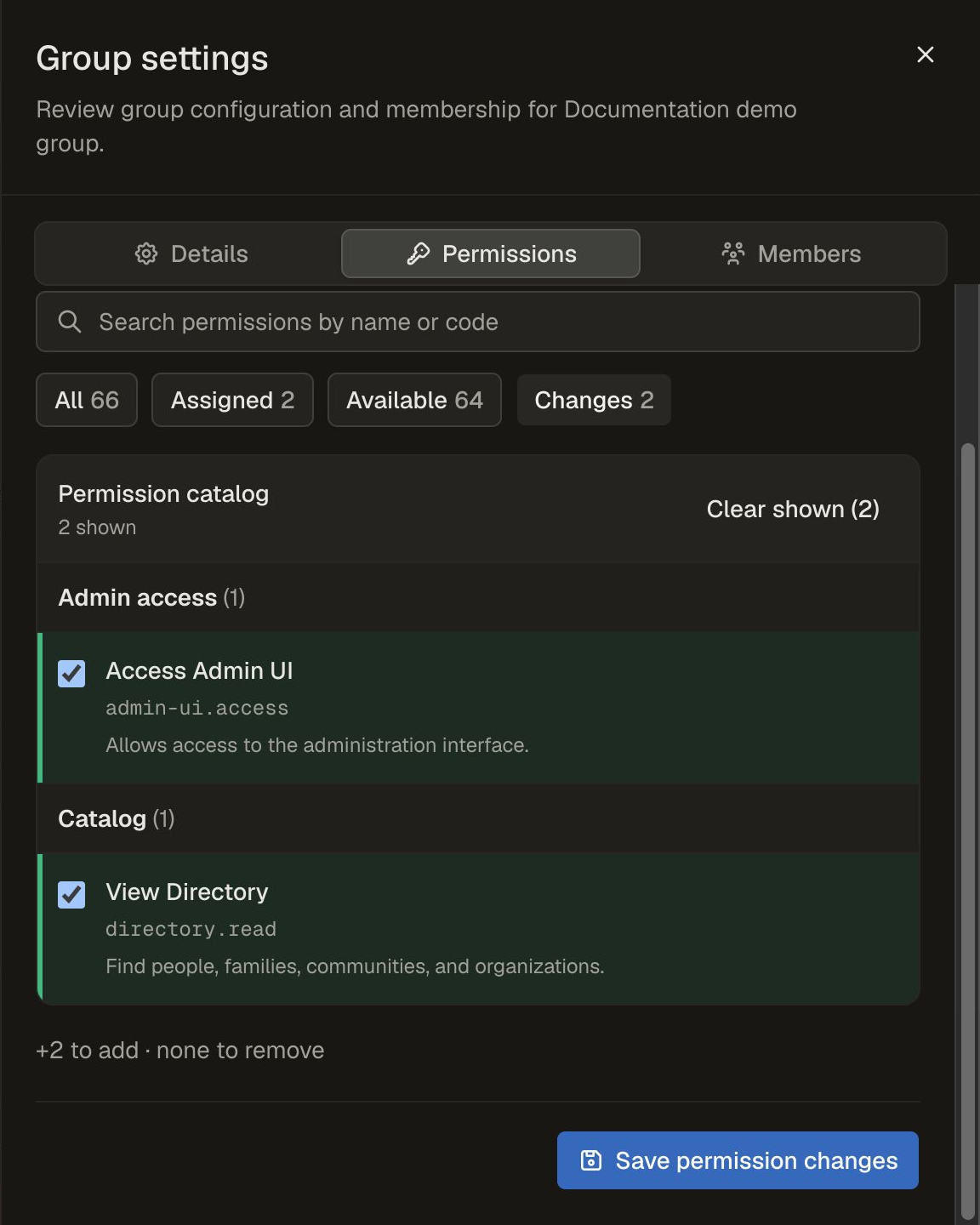 Permissions tab with Access Admin UI and View Directory selected as two pending additions.