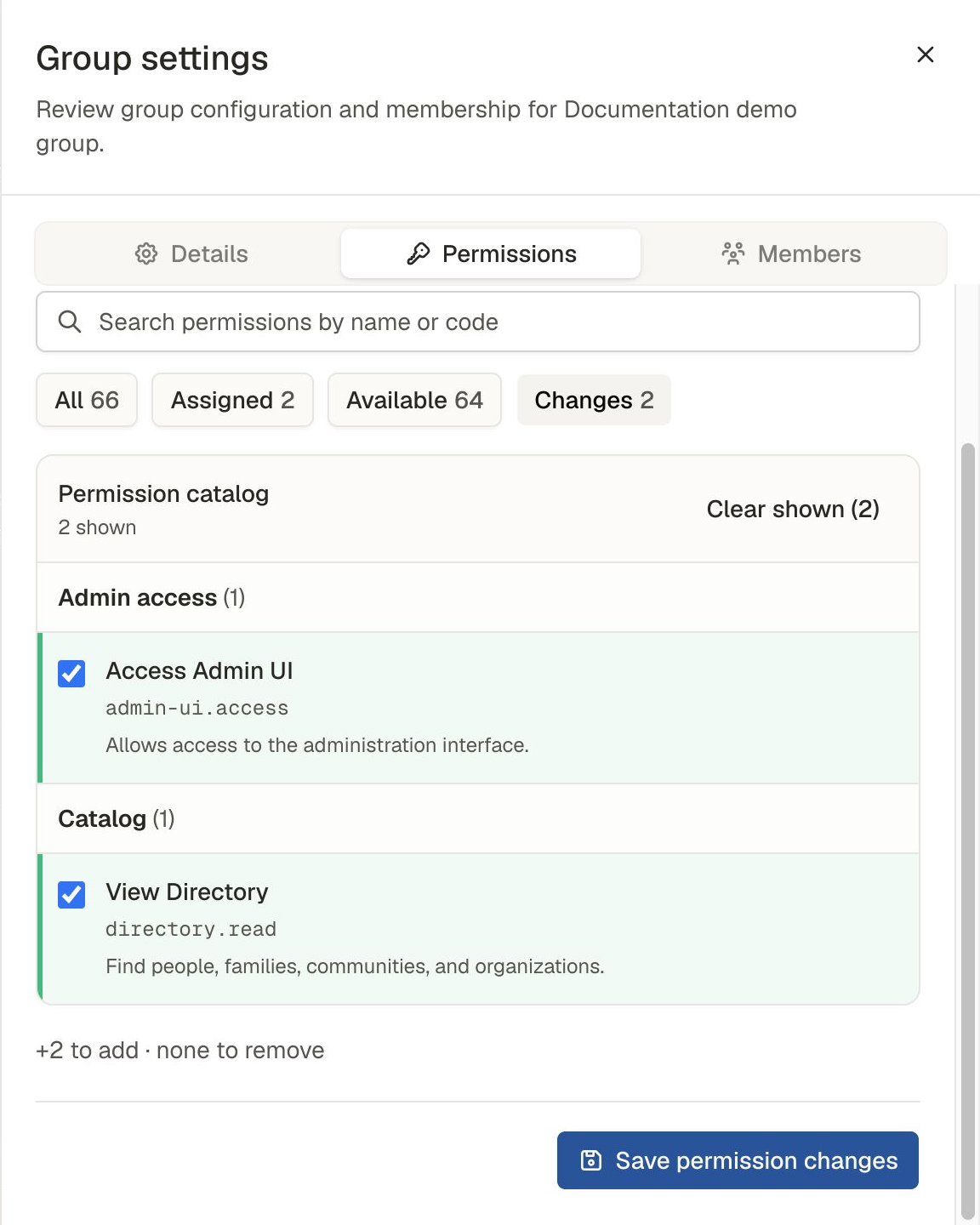 Permissions tab with Access Admin UI and View Directory selected as two pending additions.