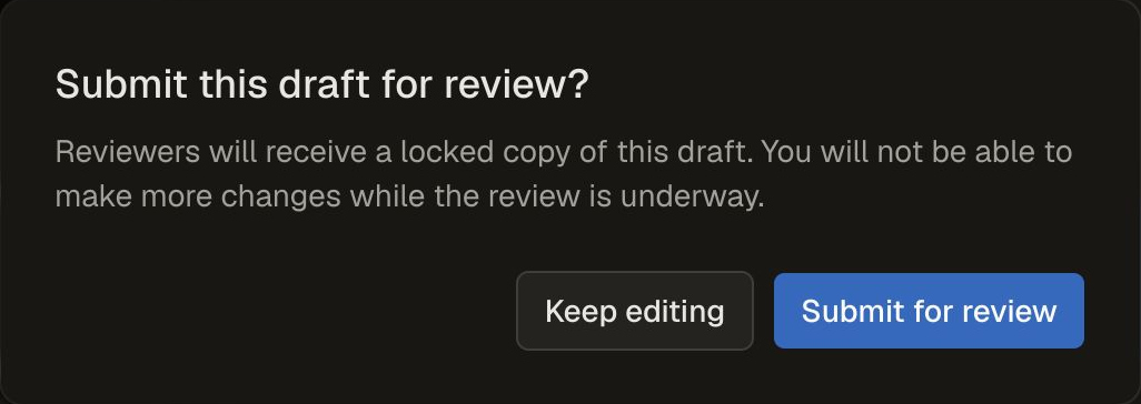 Submit this draft for review confirmation explaining that reviewers receive a locked copy, with Keep editing and Submit for review buttons.
