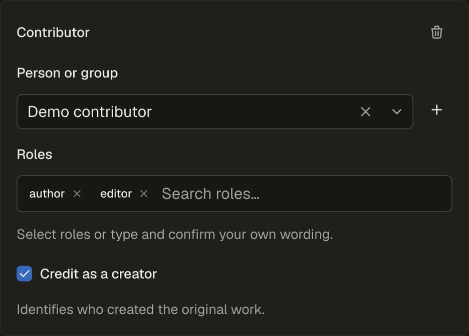 Contributor panel with Demo contributor selected, author and editor roles, and Credit as a creator checked.