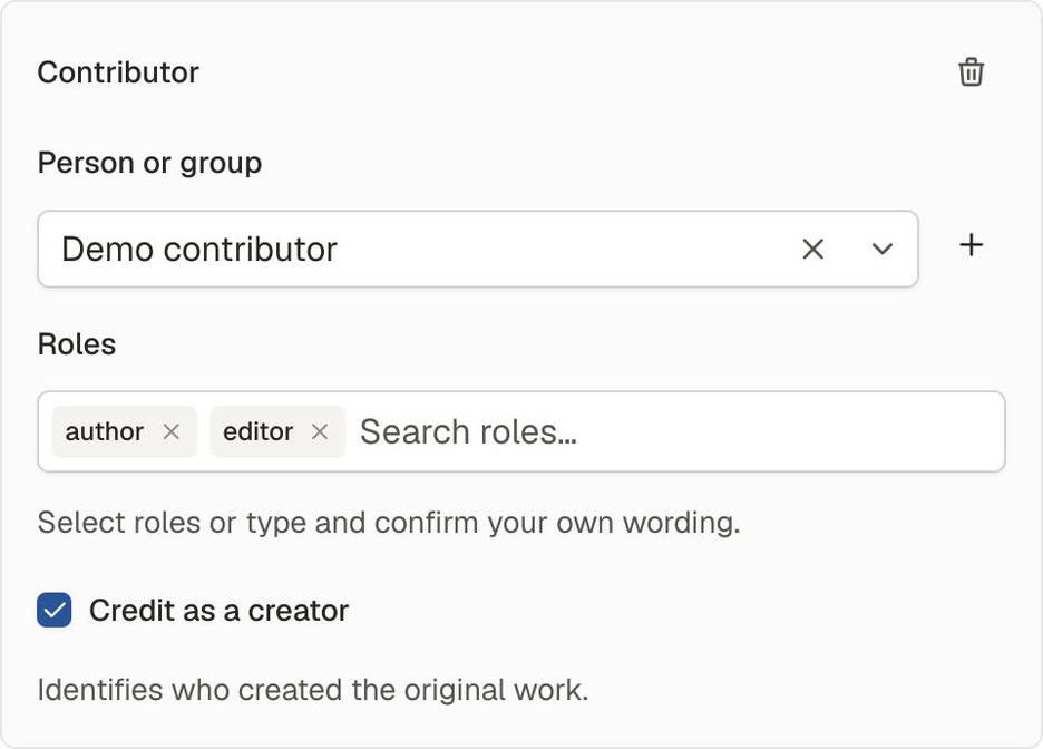 Contributor panel with Demo contributor selected, author and editor roles, and Credit as a creator checked.