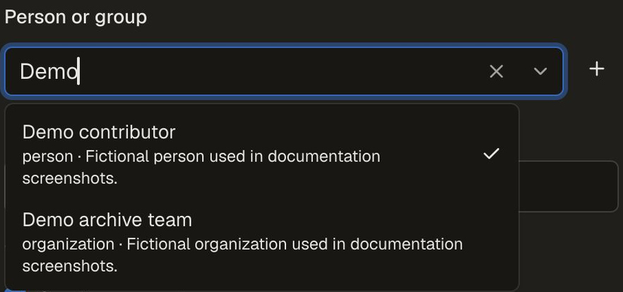 Directory search for Demo showing Demo contributor as a person and Demo archive team as an organization, each with a description.