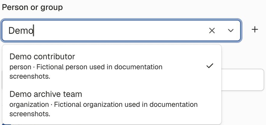 Directory search for Demo showing Demo contributor as a person and Demo archive team as an organization, each with a description.