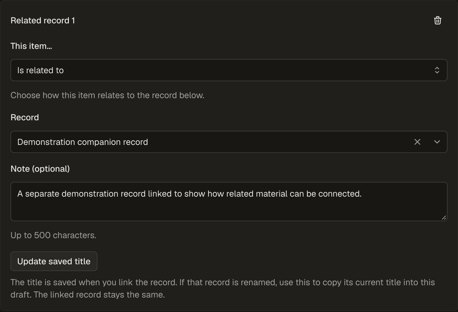 Related record panel with Is related to selected, Demonstration companion record chosen, and a note explaining the demonstration connection.