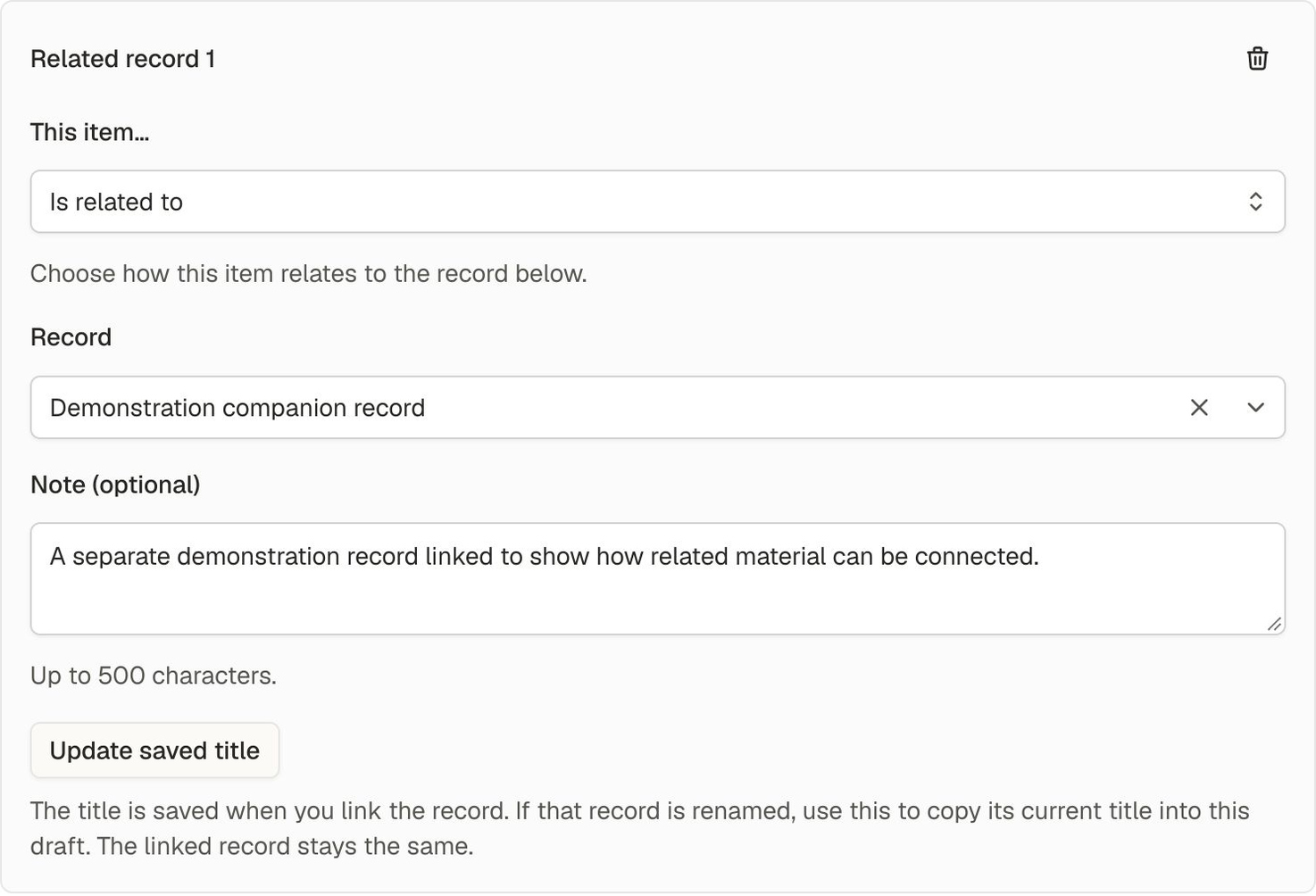 Related record panel with Is related to selected, Demonstration companion record chosen, and a note explaining the demonstration connection.
